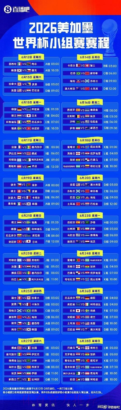 2026世界杯小组赛赛程官方发布高清直播实时查看